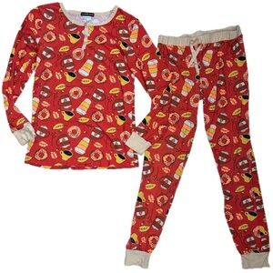 Burnt Orange Coffee Donuts Pajamas PJ Set M Soft Lounge Wear Novelty Goblin Core
